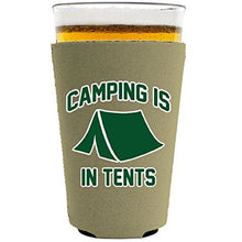 Load image into Gallery viewer, pint glass koozie with camping is in tents design
