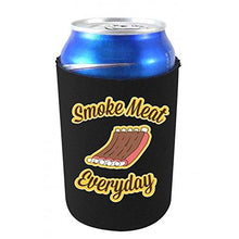 Load image into Gallery viewer, black can koozie with &quot;smoke meat everyday&quot; funny text and rack of ribs illustration design
