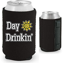 Load image into Gallery viewer, black magnetic can koozie with &quot;day drinkin&quot; funny text design
