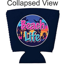 Load image into Gallery viewer, navy party cup koozie with beach life design 
