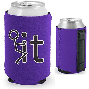 purple magnetic can koozie with fuck it stick figure funny design