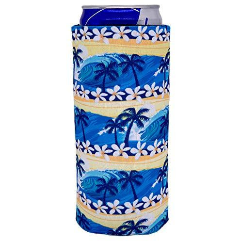 slim can koozie with waves and palm trees beach design