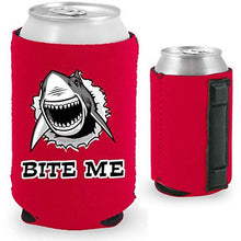 Load image into Gallery viewer, red magnetic can koozie with shark graphic and &quot;bite me&quot; text
