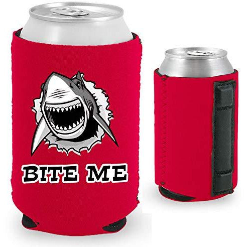 red magnetic can koozie with shark graphic and 