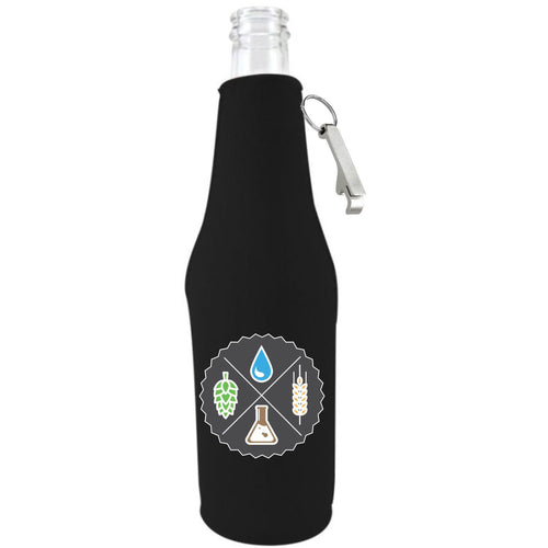 black beer bottle koozie with ingredients of beer graphics design