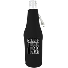 Load image into Gallery viewer, Black zipper beer bottle koozie with opener and funny cheers and beers to thirty years design 
