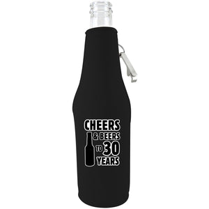 Black zipper beer bottle koozie with opener and funny cheers and beers to thirty years design 