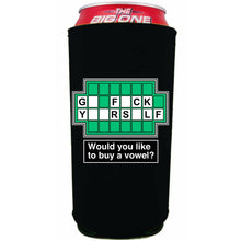 Load image into Gallery viewer, Black 24oz can koozie with go fuck yourself funny wheel of fortune buy a vowel design
