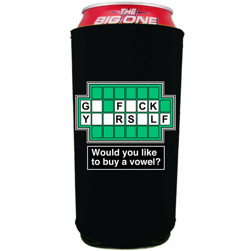 Black 24oz can koozie with go fuck yourself funny wheel of fortune buy a vowel design