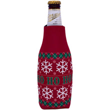 Load image into Gallery viewer, beer bottle koozie with christmas pattern and &quot;ho ho ho&quot; text design
