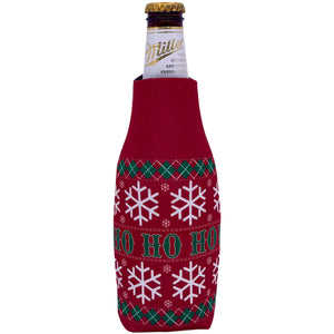 beer bottle koozie with christmas pattern and "ho ho ho" text design