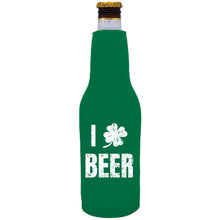 Load image into Gallery viewer, Green Beer Bottle Koozie with I Shamrock Beer Design in White
