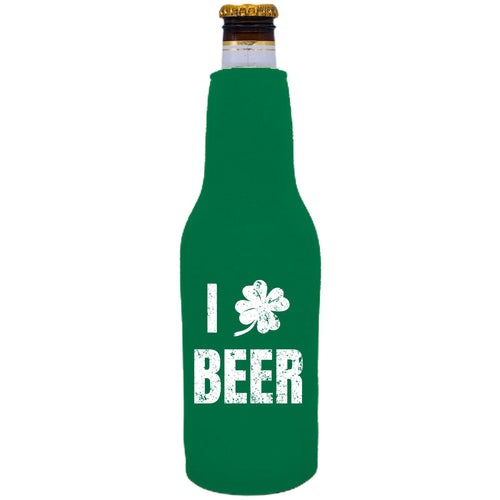 Green Beer Bottle Koozie with I Shamrock Beer Design in White
