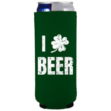 Load image into Gallery viewer, Green Slim Can Koozie with I Shamrock Beer Design in White
