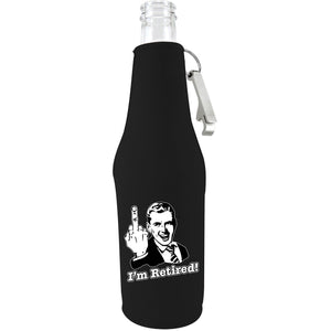 black zipper beer bottle koozie with opener and funny i'm retired! design 