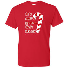 Load image into Gallery viewer, red t shirt with &quot;it&#39;s not gonna lick itself&quot; text and candy cane graphic design print
