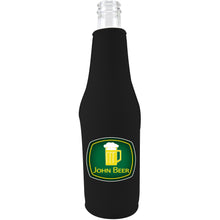 Load image into Gallery viewer, black beer bottle koozie with john beer funny design

