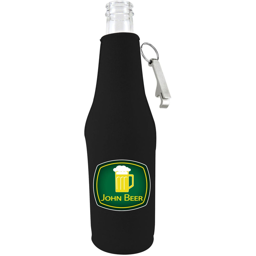 black beer bottle koozie with opener and john beer funny design