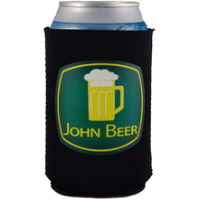 Load image into Gallery viewer, black can koozie with john beer funny design
