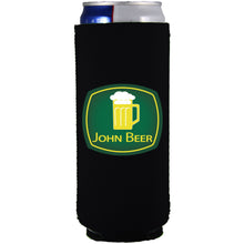 Load image into Gallery viewer, black slim can koozie with john beer funny design
