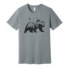 Load image into Gallery viewer, gray t shirt with mountain bear graphic design print in black

