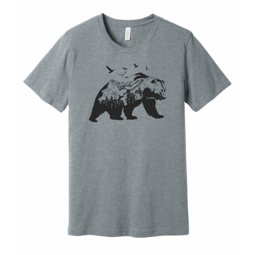 gray t shirt with mountain bear graphic design print in black