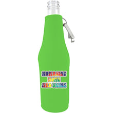 Load image into Gallery viewer, bright green zipper beer bottle with opener and funny namastay home and drink design
