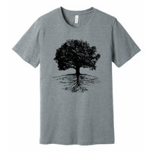 Load image into Gallery viewer, gray heather t shirt with tree and roots printed graphic design in black
