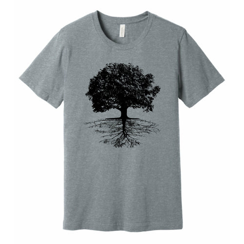 gray heather t shirt with tree and roots printed graphic design in black