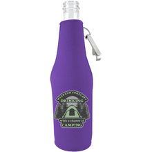 Load image into Gallery viewer, purple zipper beer bottle koozie with opener and weekend forecast drinking with a chance of camping
