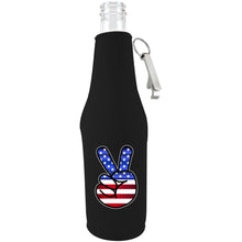 Load image into Gallery viewer, black zipper beer bottle koozie with opener and America peace sign design 
