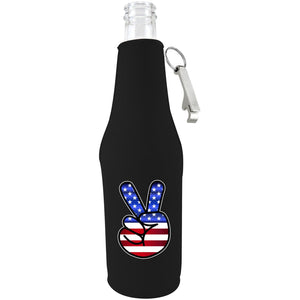 black zipper beer bottle koozie with opener and America peace sign design 