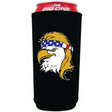 Load image into Gallery viewer, black 24oz can koozie with bald eagle mullet funny graphic design
