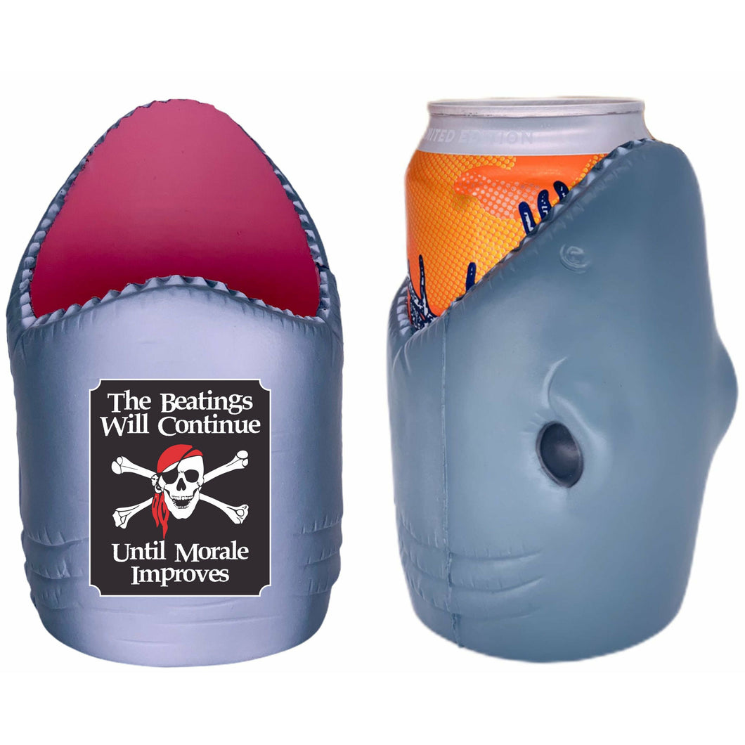 shark shaped koozie with the beatings will continue funny text and pirate flag design