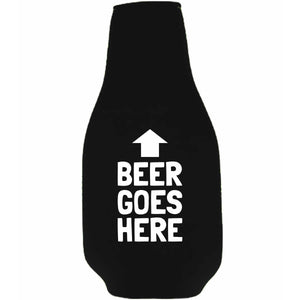 Beer Goes Here Beer Bottle Coolie w/Opener Attached