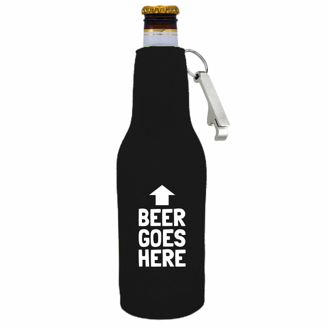 funny beer bottle koozie with beer goes here text design