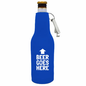 Beer Goes Here Beer Bottle Coolie w/Opener Attached
