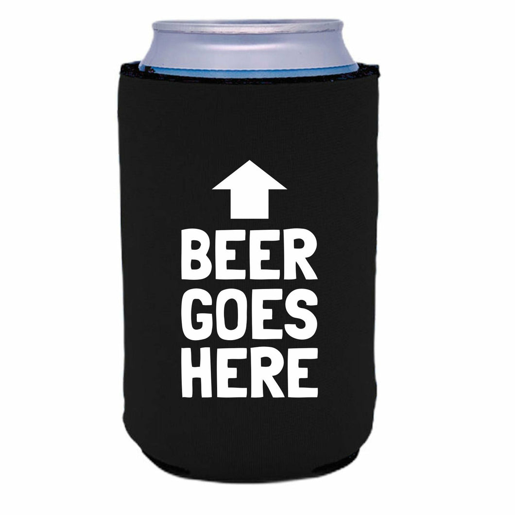 Black can koozie with beer goes here funny text design