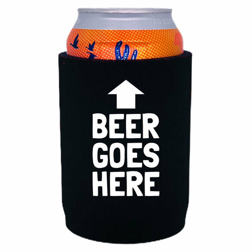 black full bottom can koozie with beer goes here funny text design