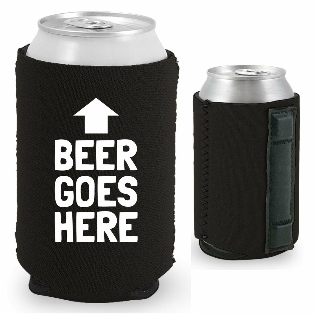 black magnetic can koozie with beer goes here funny text design