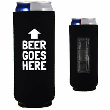 Load image into Gallery viewer, black magnetic slim can koozie with beer goes here funny text design
