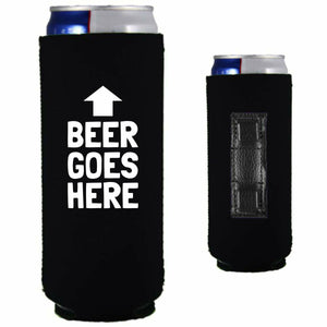 black magnetic slim can koozie with beer goes here funny text design
