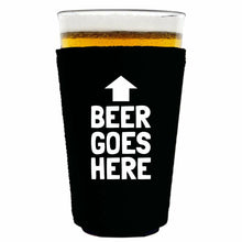 Load image into Gallery viewer, black pint glass koozie with beer goes here funny design text
