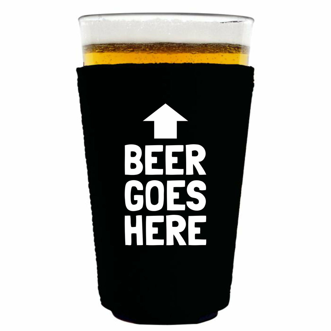 black pint glass koozie with beer goes here funny design text