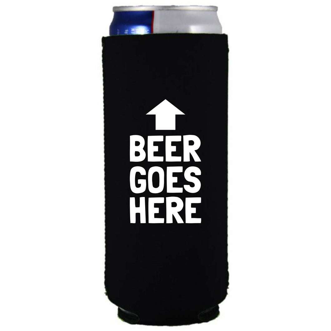 black slim can koozie with beer goes here funny text design