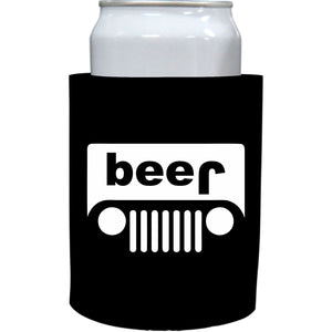 black thick foam old school koozie with beer jeep funny design