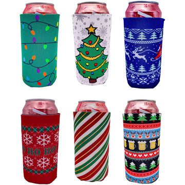 Christmas Can Coolers Merry Christmas and A Happy New Year | Set of 12 |  3 Of Each Color