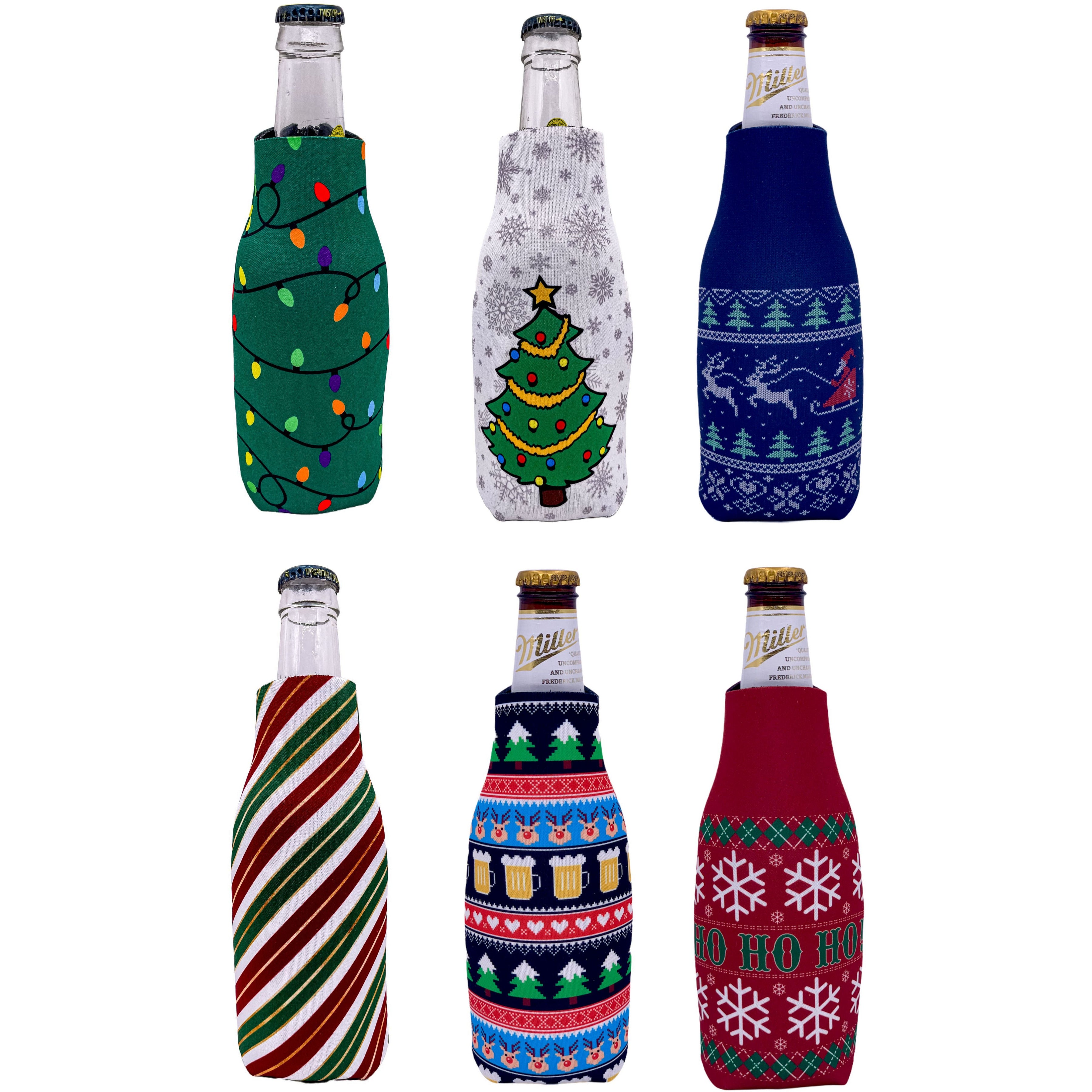 Christmas Holiday Pattern Zipper Beer Bottle Coolie Variety 6 Party Pack