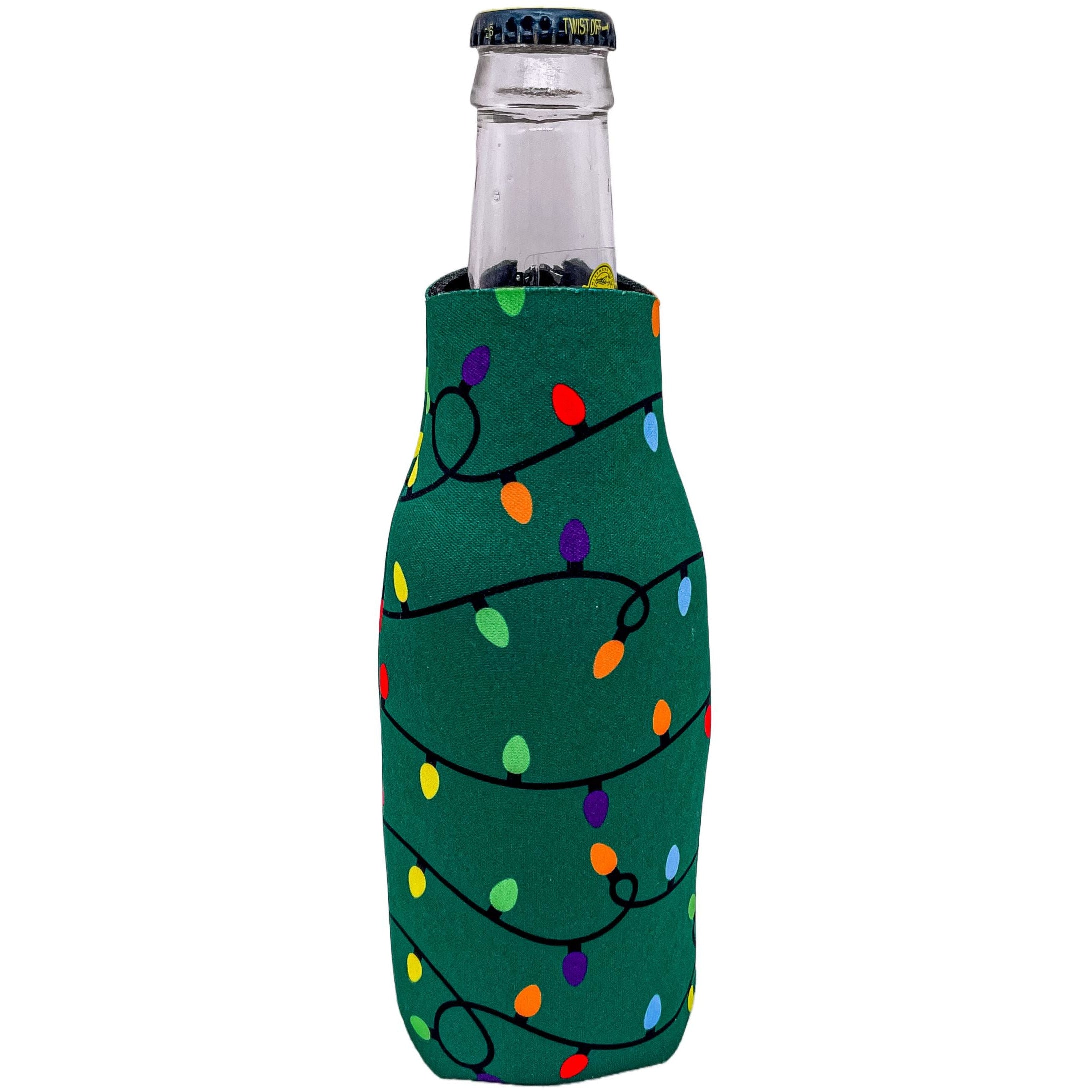 Christmas Lights Pattern Green Zipper Beer Bottle Coolie