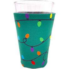 Load image into Gallery viewer, pint glass koozie with christmas lights pattern design print
